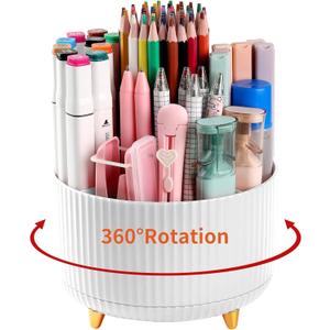 Desk Pencil Pen Holder, 5 Slots 360Degree Rotating Pen Organizers for Desk, Desktop Storage Stationery Supplies Organizer, Cute Pencil Cup Pot for Office, School, Home, Art Supply, White