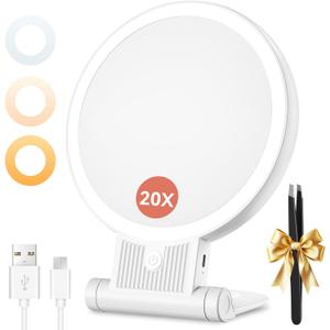 1X/20X Magnifying Mirror with Light, Double Sided Makeup Mirror with Adjustable 3 Color Light, 2000mAh Rechargeable Lighted Magnifying Mirrors with Tweezer, Foldable Travel Mirror with Rotation