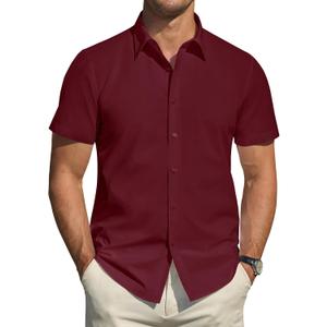 Men's Short Sleeve Dress Shirts Stretch Stain Shield Casual Button Down Shirts Solid Formal Shirt (Large, Burgundy)
