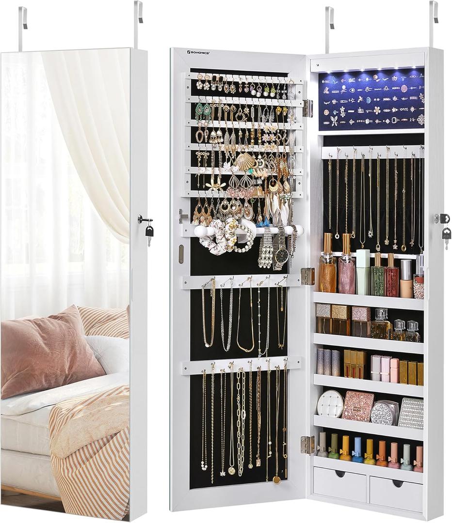 SONGMICS Hanging Jewelry Cabinet, Wall-Mounted Cabinet with LED Interior Lights, Door-Mounted Jewelry Organizer, Full-Length Mirror, Gift Idea, White UJJC99WT