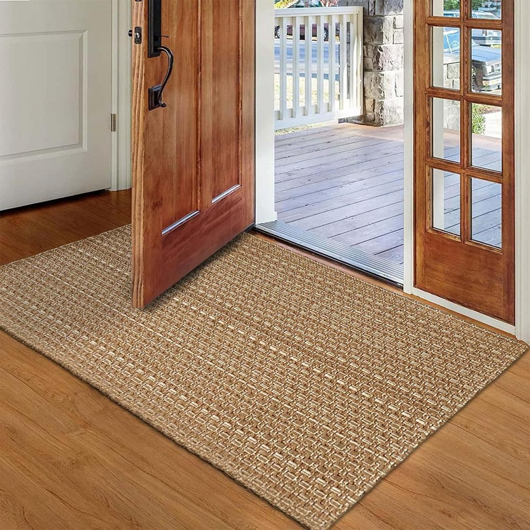 Entryway Rug,Indoor Door Mat 2x3 ft Small Area Rugs,Boho Style Braided Rug,Neutral Solid Rugs,Entrance Doormat for Front Porch,Bathroom,Kitchen,Bedroom,Tan Brown