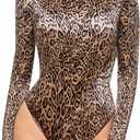 Popilush Long Sleeve Body Suits Womens Turtle Neck Bodysuits Full Body Shapewear Tummy Control Tops Spring Summer Outfits (Medium, Leopard)
