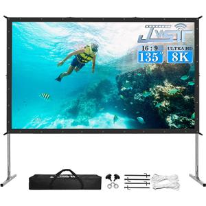 Projector Screen and Stand,JWSIT 135 inch Outdoor Movie Screen-Upgraded 3 Layers PVC 16:9 Outdoor Projector Screen,Portable Video Projection Screen with Carrying Bag for Home Theater Backyard