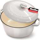 Mueller Cast Iron Dutch Oven Pot with Lid, 6 Quart Enameled, Dual Handles, Stainless Steel Knob, Stew Pot, Induction Pot - For Braising, Roasting, Baking, Cast Iron Bread Pan with Lid, White (Oyster White)