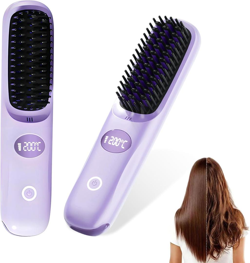Go Brush Pro Portable Cordless Hair Straightener Brush for Travel, Fast Heating Straightening Comb with LCD Display & F/C Switch, Rechargeable Anti-Frizz Styling Tool for Smooth Shiny Hair (Purple)