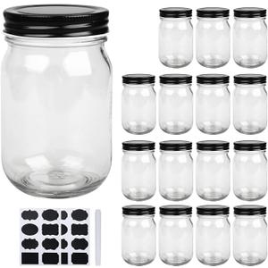 QAPPDA 16 oz Glass Jars With Lids, Wide Mouth Mason Jars,Glass Storage Jars For Food,Canning Jars For Pickles,Herb,Jelly,Jams,Honey,Kitchen Canisters Dishware Safe 16 Pack