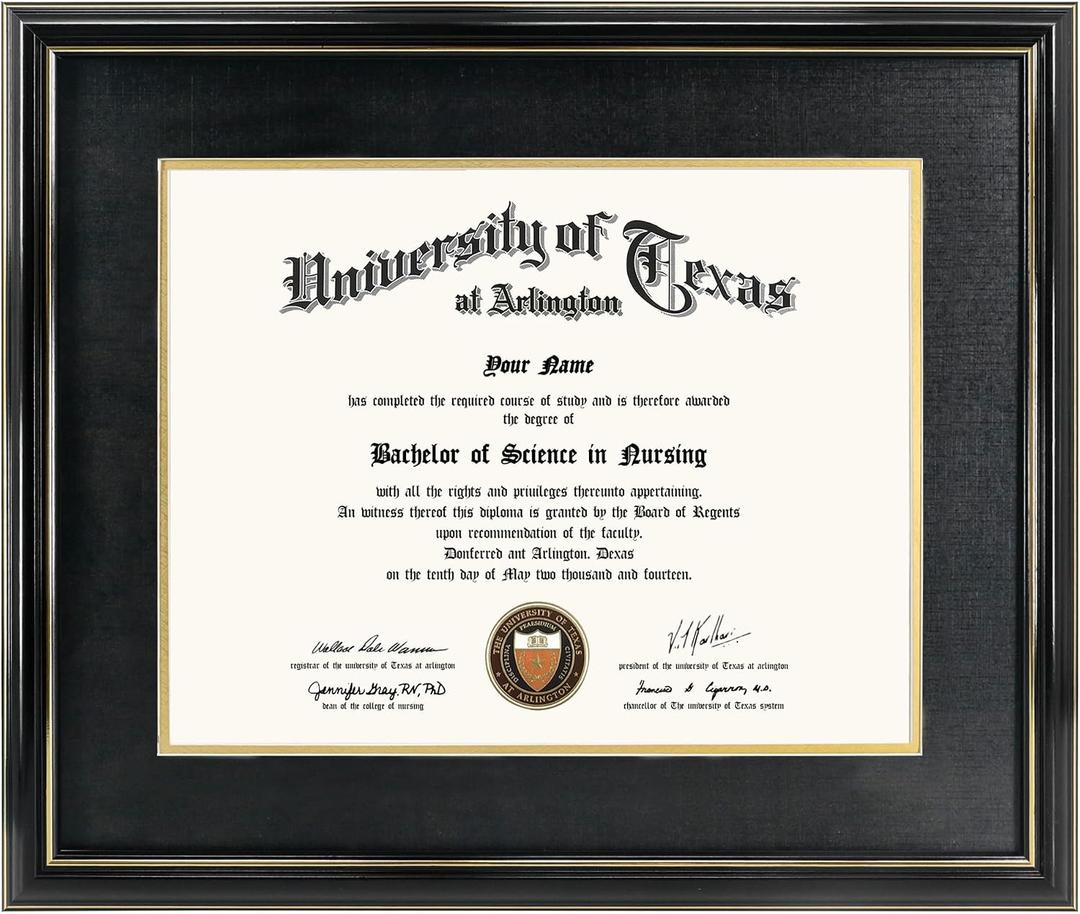 GraduationMall 11x14 Diploma Frame with Black over Gold Mat or Display 15x18 Certificate without Mat,Solid Wood & UV Protection Acrylic,Glossy Black Finish with Gold Trim