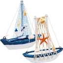 2 PCS Mini Sailboat Decor, Wooden Miniature Sailing Boat Model, Nautical Theme Decoration for Bathroom, Baby Shower, Party, Kids Nursery