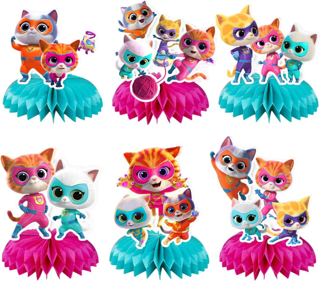 6Pcs Super Kitties Party supplies set Honeycomb Centerpieces Double Sided Table Topper for Super Kitties birthday party decoration (Red2)