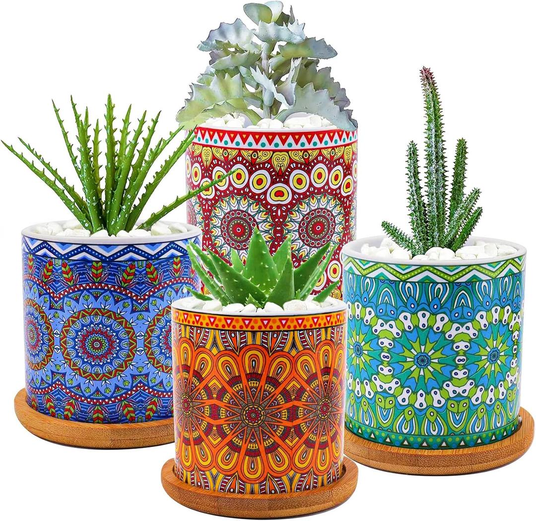 Yesland 4 Pack Succulent Plant Pots with Bamboo Tray, 3 Inch Ceramic Mandalas Pattern Cylinder Planter & Flower Pots with Drainage Hole, for Flowers, Cactus, Home, Garden, Office Decoration