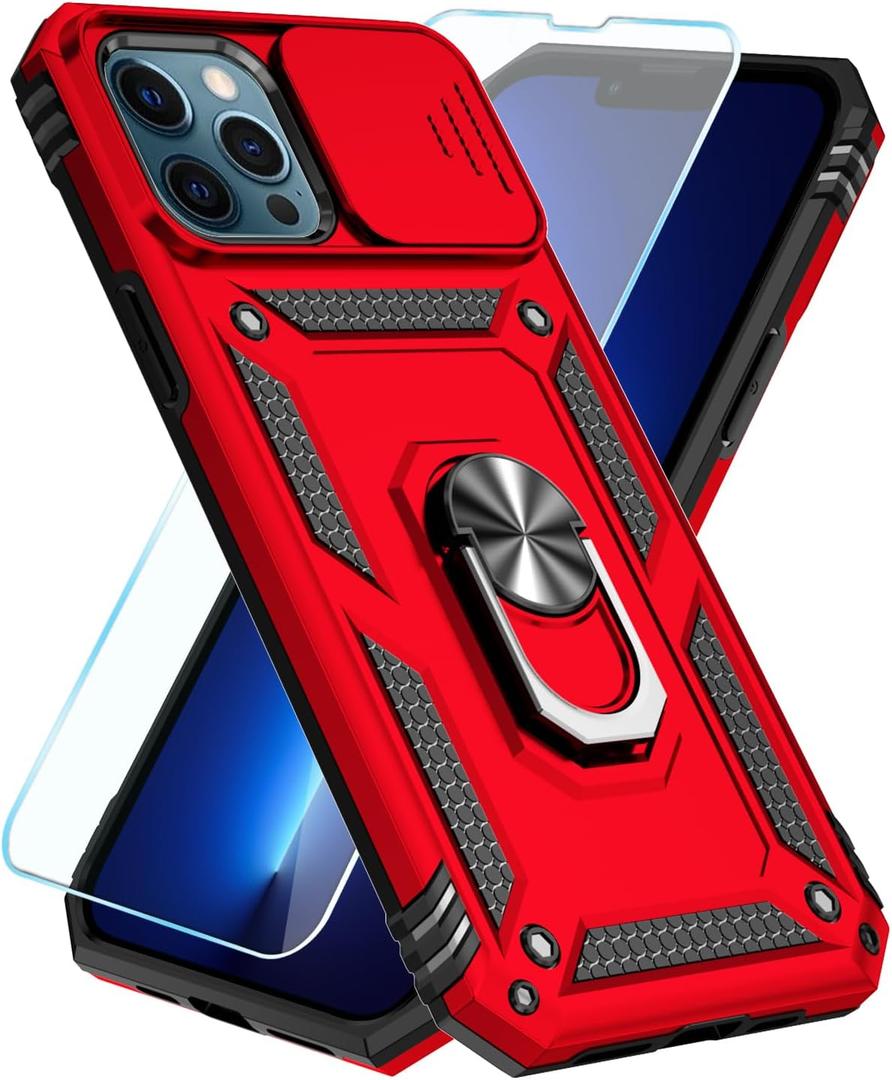 SunStory Compatible with iPhone 13 Pro Max Case with HD Screen Protector & Slide Camera Cover & Rotated Ring Kickstand, [Military-Grade] Phone Case for iPhone 13 Pro Max(Red)