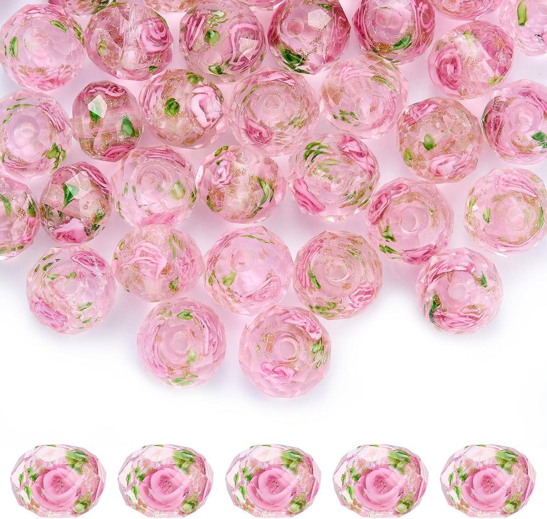 60 PCS Colorful Floral Lampwork Beads 10mm Gold Sand Faceted Glass Round Loose Beads for DIY Bracelet Necklace Earring Jewelry Making Supplies (Pink)