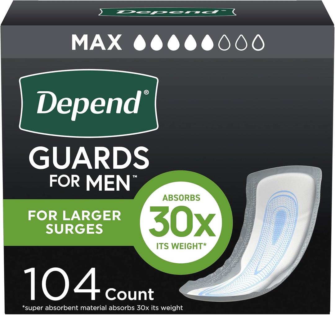 Depend Guards Incontinence Pads for Men, Maximum Absorbency, 104 Count (2 Packs of 52), Packaging May Vary (One Size)