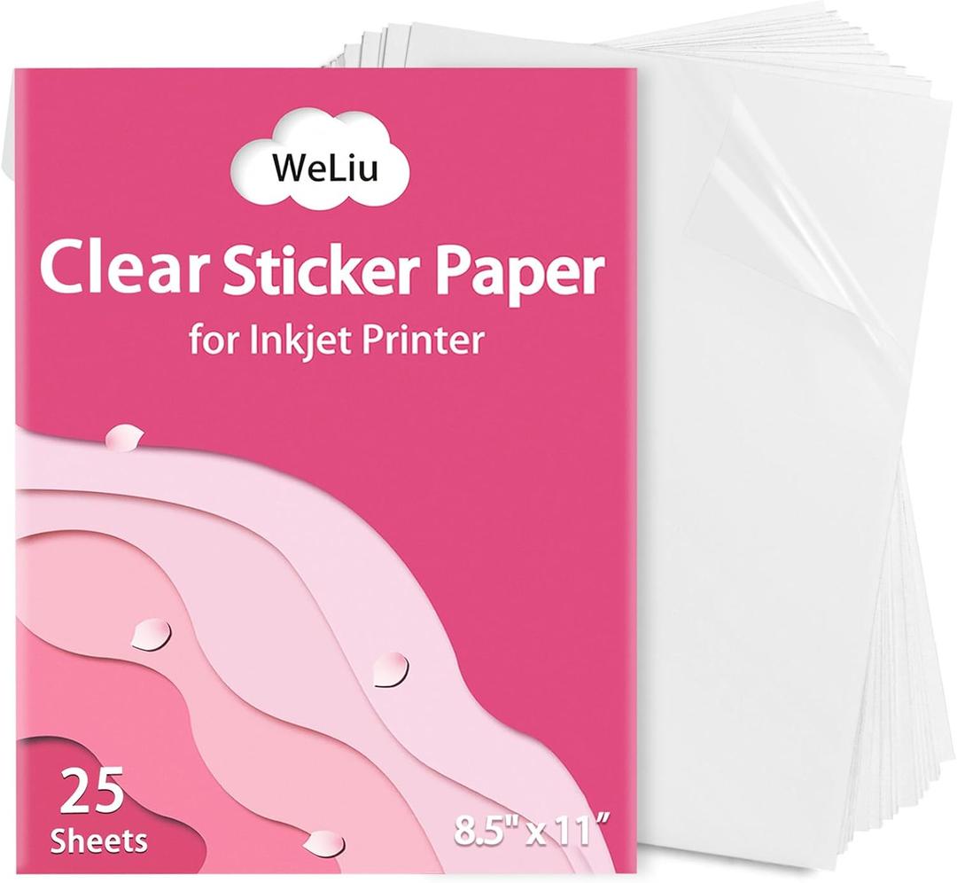 Printable Transparent Sticker Paper, Premium Clear Sticker Paper 8.5" x 11" (25 Sheets) - Clear Full Sheet Labels for Inkjet Printers