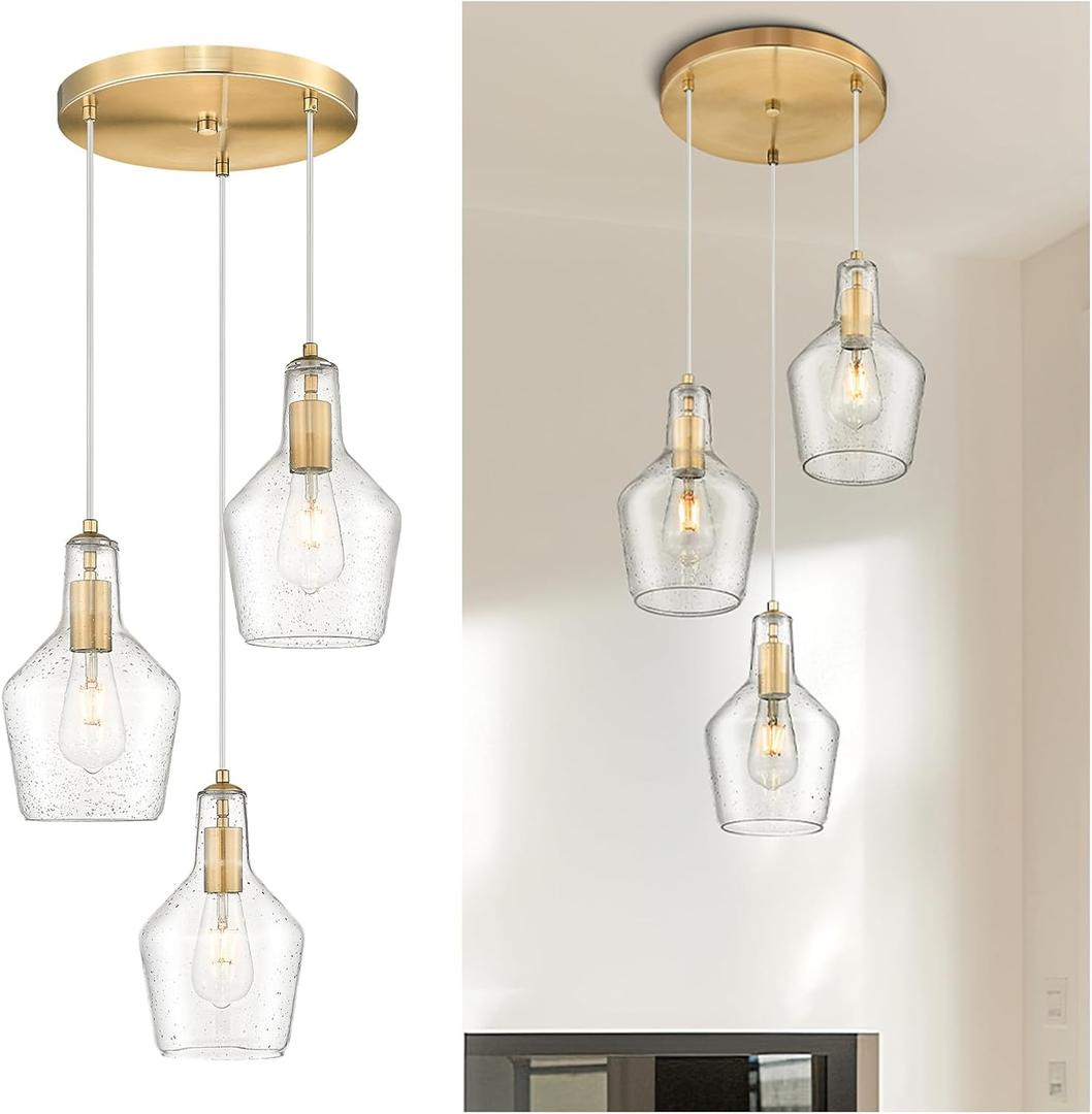 Emliviar Brushed Gold Pendant Light, 3-Light Seeded Glass Chandelier, Modern Pendant Lights for Kitchen Island, DYE286G2-3 BG