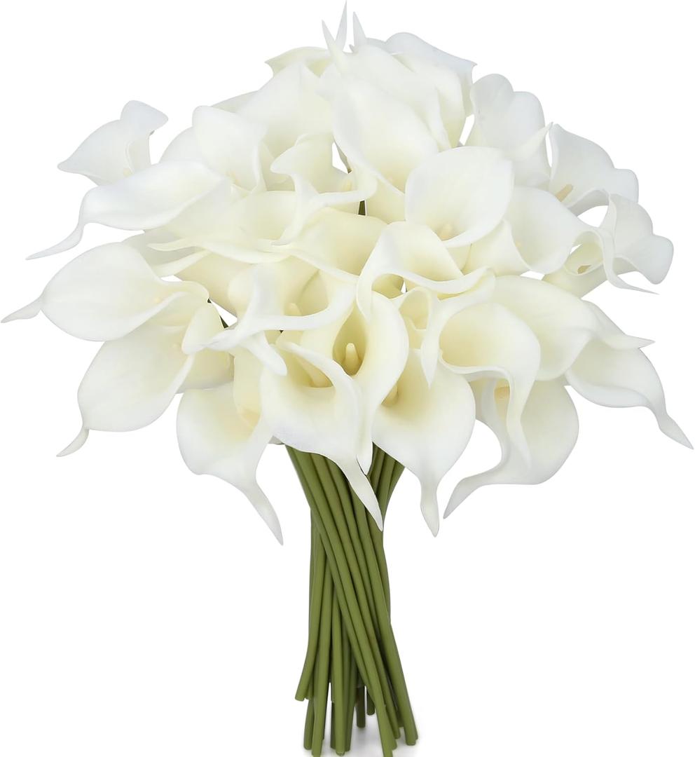 24 Pcs White Artificial Calla Lily Flower White Fake Silk Flowers Real Touch for Wedding Bouquet Office Home Kitchen Decor