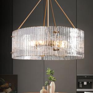 Gold Patterned Glass Chandeliers for Dining Room, D23'' Modern Drum Crystal Chandelier, 6-Light Farmhouse Pendant Hanging Ceiling Fixture for Kitchen Island Living Room Foyer Bedroom (E26)