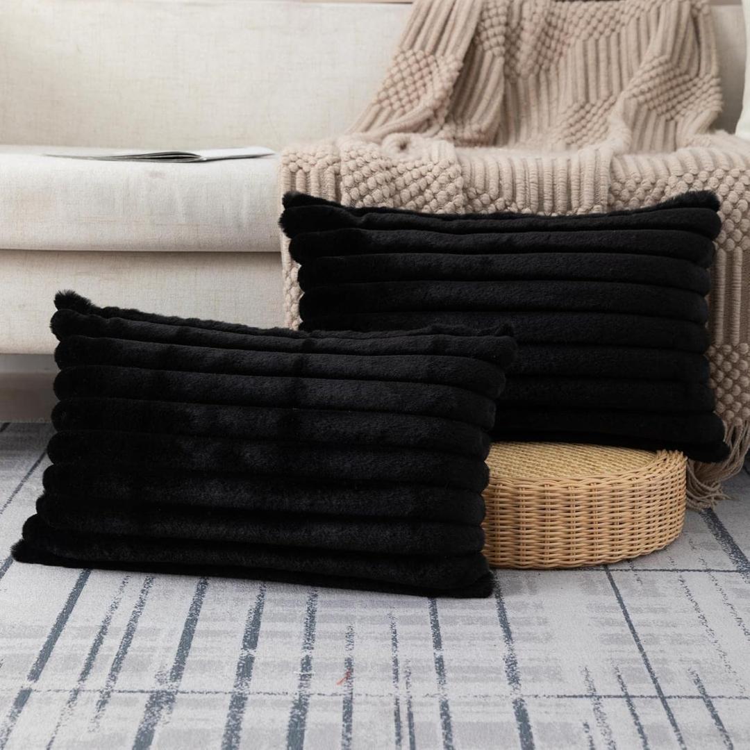 ZLINA Set of 2 Black Faux Fur Decorative Throw Pillow Covers Fluffy Striped Pillowcase Cushion Covers 12 x 20 Inch Decor Sofa Couch Bedroom
