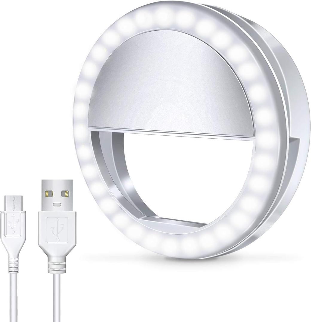 Meifigno Selfie Ring Light, [Rechargeable] with 36 LED Lights, 3-Level Adjustable Brightness Clips On Phone Ring Light Compatible with iPhone 16 15 14 13 12 11 Plus Pro Max iPad Laptop Samsung, White