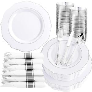 Liacere 350PCS Silver Plastic Plates-Disposable White and Silver Plates 50guest Baroque Plastic Dinnerware Set include 100Plates, 50Pack Pre Rolled Napkins with Silverware 50Cups Perfect for Wedding