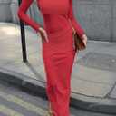 Ekaliy Women's Sexy Mesh Dress Long Sleeve Mock Neck Bodycon Sheer Ruched Maxi Dress Party Cocktail Dresses (Red)