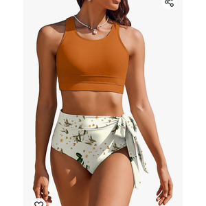 AI'MAGE Womens High Waisted Bikini Set Tummy Control 2 Piece Bathing Suit Modest Racerback Swimsuit 2024 with Tie Side Knot, Large, Caramel Flower