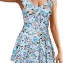 SHEKINI Women's Cutout One Piece Swimsuit Swimdress Ruffle Ruched Tummy Control Elegant Bathing Suits (Large, Light Blue Tiny Flower)
