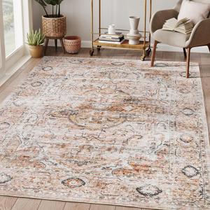 4x6 Rugs for Living Room Bedroom,Non-Slip Washable Rug,Stain Resistant Lightweight Area Rugs for Dining Room,Ultra-Thin Indoor Floor Carpet (Peach/Gold, 4'x6')