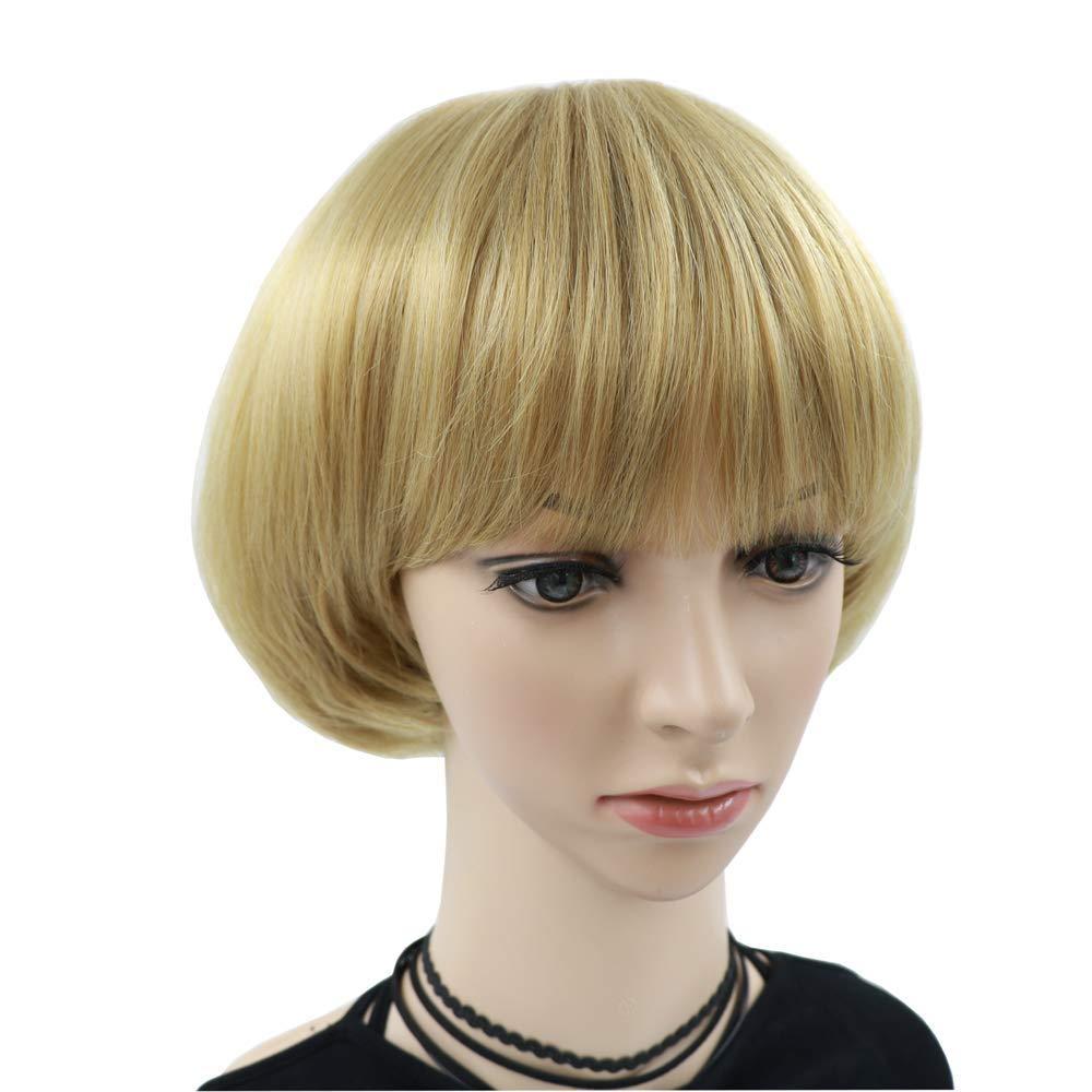 Girls Golden Mushroom Wig Short Bob Wig With Bangs Blonde Bowl Cut Wig Cap For Women