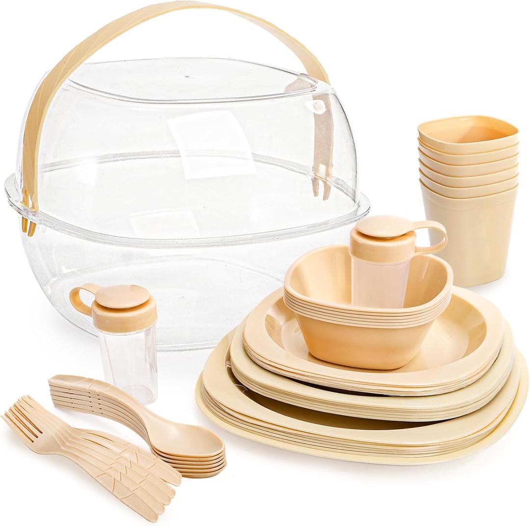 Tebery 46 Pack Camping Dinnerware Set for 6 Portable, Reusable Plastic Plate Bowl Fork Spoon Salt Pepper Shaker Set with Basket, Food Grade Picnic Dishes Cutlery Kit for Outdoor, Party, Travel, BBQ