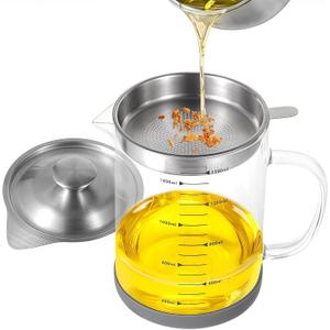 Premium Bacon Grease Saver with Strainer - Large 1.5L Grease Container for Kitchen with Stainless Steel Filter, Used Oil Storage & Bacon Drippings Keeper (50oz, Borosilicate Glass, Non-Slip Base)