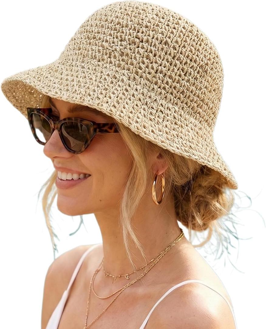 Women Straw Sun Hat Packable Foldable Floppy Wide Brim Beach Bucket Hat UV Protection Travel Vacation Accessories
