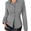 Gleeivy Striped Button Down Shirts for Women Dress Shirt Slim Fit Long Sleeve Casual Collared Work Blouse Y2K Fall Outfits L