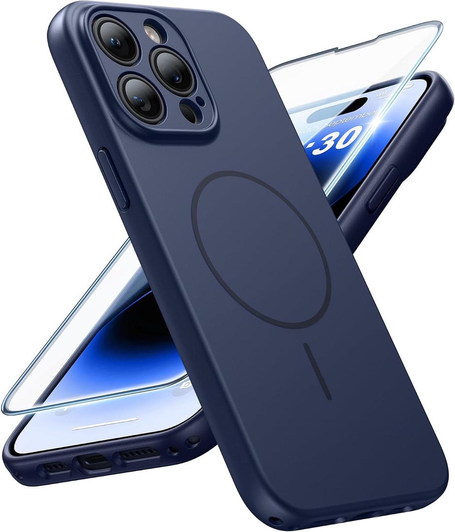 FNTCASE for iPhone 14 Pro Max Case Blue: [Compatible with Magsafe] Solid Matte Magnetic Phone Cover with [Full Camera Protection] [Screen Protector] 14FT Military Grade Shockproof Protective