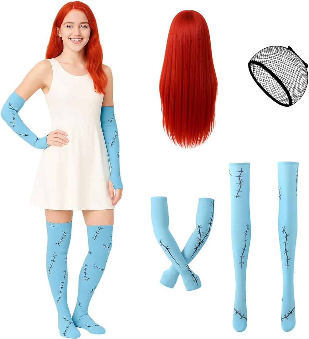 3PCS Halloween Costume Accessories for Women Scar Arm Sleeves Thigh Highs with Red Wig for Nightmare Cosplay Christmas