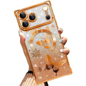 Magnetic Case Made for iPhone 17 Pro Max 6.9 Inch (Compatible with MagSafe) Glitter Phone Case with Orange Butterfly Design Soft TPU Reinforced Corners Shockproof Bling Phone Cover for Women