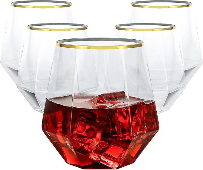 Goodluck 40 PCS Diamond Stemless Plastic Wine Whiskey Glasses, 12 Oz Disposable Cocktail Glasses, Suitable for Weddings, Birthday Parties, Family Gatherings, Bars, etc （Gold rimmed cups）