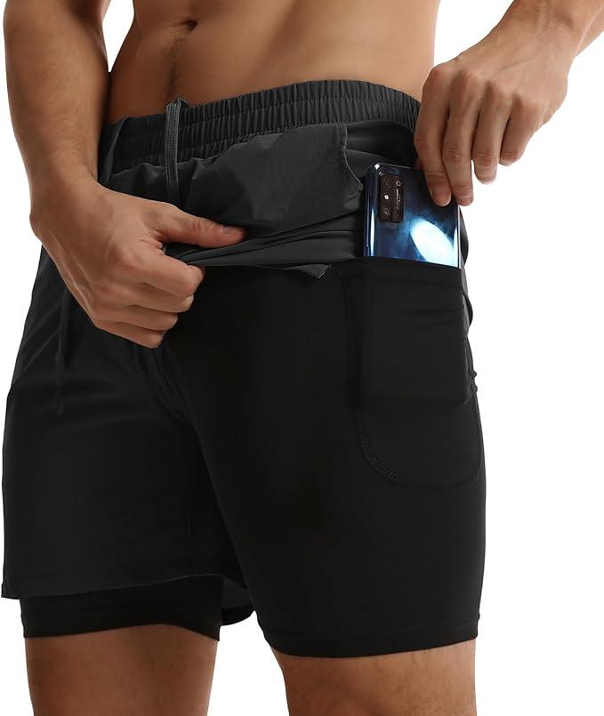 ATTBEA Men's 2 in 1 Running Shorts with Liner 5" Quick Dry Workout Gym Sports Shorts with Pockets (Large, Khaki)