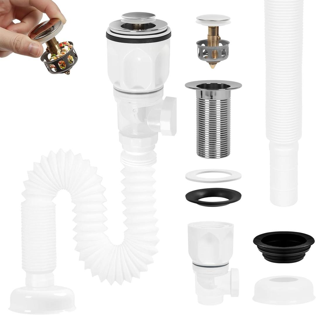Bathroom Sink Drain Kit, Flexible P-Trap Sink Drain Pipe with Pop Up Stopper, Bathroom Sink Pipe Replacement Kit for 1-1/4'' & 1-1/2'' Holes, Anti-Clogging Stopper (White)