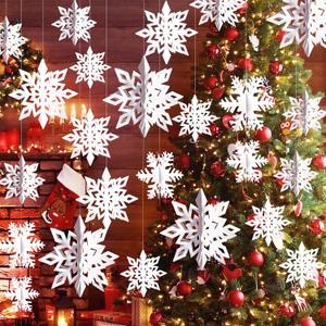 36PCS Christmas Paper Snowflake Ornament White Snowflakes Ornaments Christmas Tree Decorations Hanging Snowflake Decorations for Winter Indoor Outdoor Holiday Decor (36, White Snowflakes)