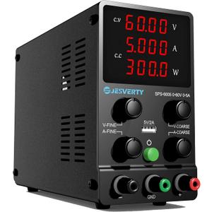 DC Power Supply Variable, 0-60V 0-5A Adjustable Switching DC Regulated Bench Power Supply with High Precision 4-Digit LED Display, 5V/2A USB Port, Coarse and Fine Adjustment SPS-6005