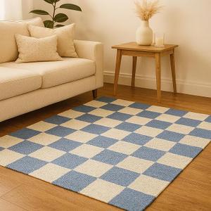 Heavy Material Handmade Jute Area Rug Natural Jute Kilim Rug 6x8 Thick 0.27" Traditional Checkerboard Blue & Beige Rugs for Dining Room Kids Room Solid Farmhouse Design