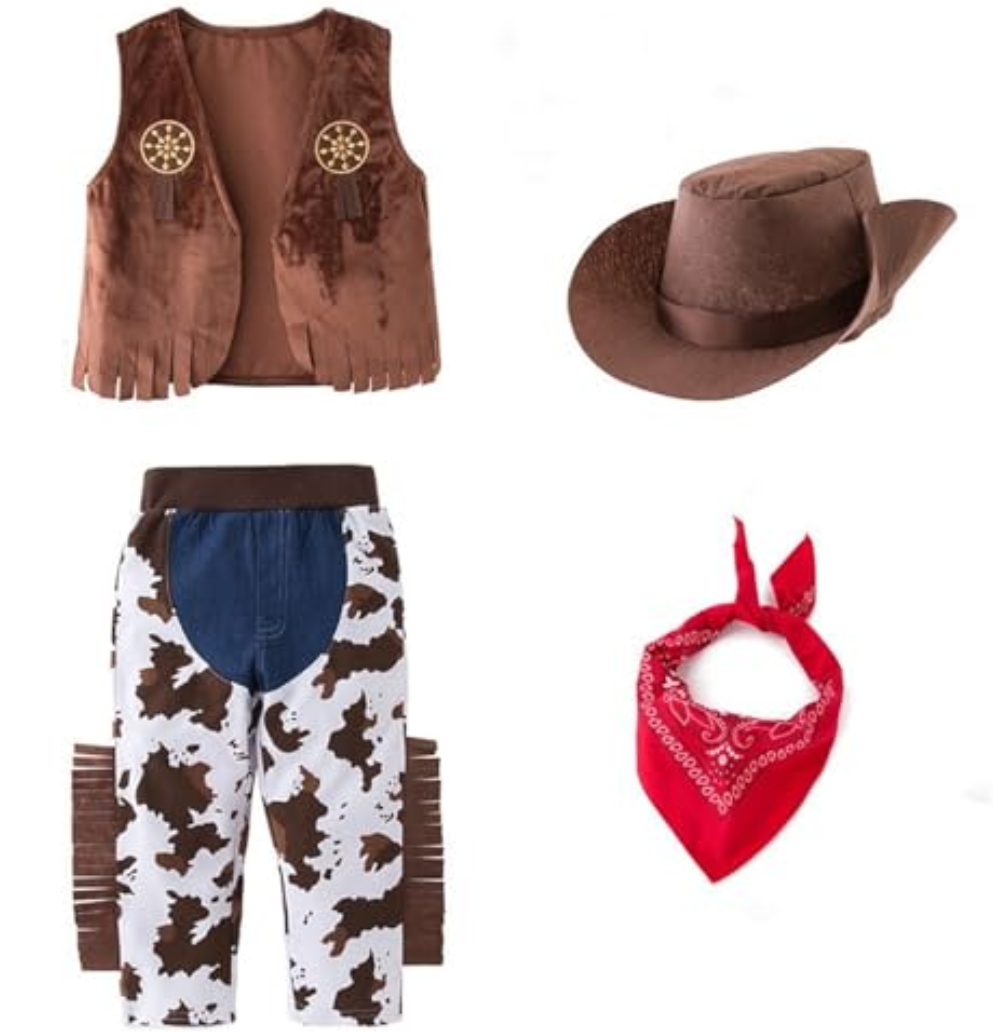 Toddler GIRL Brown Fringe Vest, Cow Print Pants, Western Hat & Red Bandana 4-Piece Cowboy Clothing Set (Brown, S) FOR GIRL