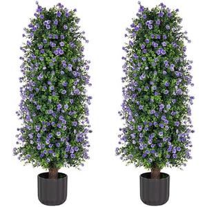 Sunnyglade 2 Packs Artificial Rose Tree 3FT- Fake Floral Plant Tree in Pot- Decorative Topiary Plant - Cement Filled Potted Faux Flower Plant for Home Office Porch Decor Indoor Outdoor, Red