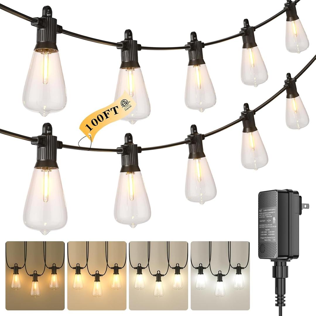 Kawaya Outdoor String Lights for Patio - ST38 Outside IP64 Waterproof Hanging Light with 2700k~6000k Dimmable - 100FT Led Edison Lights for Cafe Bistro Yard Gazebo Porch