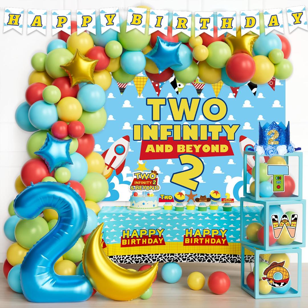 Party Inspo Two Infinity and Beyond Birthday Decorations, 122 PCs – Cartoon Toy Theme 2nd Birthday Party Supplies with Blue Toy Inspired Story Backdrop, Balloon Garland, Cake Topper