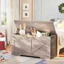 HOOBRO Storage Bench, 39.4 Retro Wooden Storage Chest with U-Shaped Cut-Out Pull, Safety Hinge, Supports 220 lb and Easy Assembly for Toy Box Organizer (Greige) BG771CW01