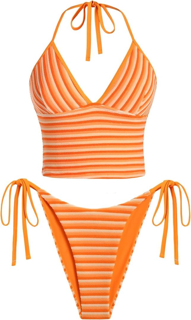 ZAFUL Striped Swim Suits for Women 2025 Halter V Neck Tankini Sets Terry Bikini High Cut Tie Side Thong Bathing Suit (Medium, Orange)