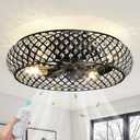 RUIYEY Crystal Ceiling Fans with Lights: 20 inch Remote Low Profile Ceiling Fan,Timer 7 Blades 6 Speeds Quiet DC Reversible E26 4 Light Caged Flush Mount Black Fandelier for kitchen Living Room Shadow Black