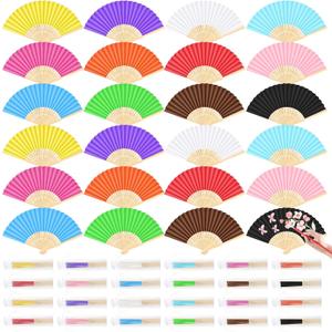 CHRORINE 24 Pack Multicolor Bamboo Folding Fans Handheld Paper Hand Fans for Women Foldable Girls Wedding DIY Decoration Party Favors